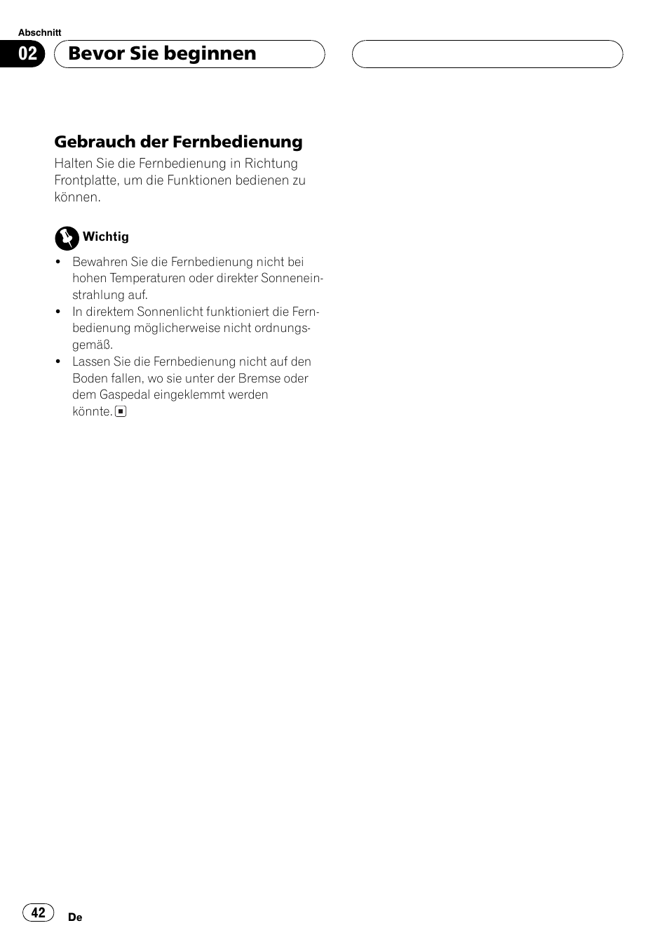 Gebrauch der fernbedienung 42, Bevor sie beginnen, Gebrauch der fernbedienung | Pioneer GEX-P5700TVP User Manual | Page 42 / 105