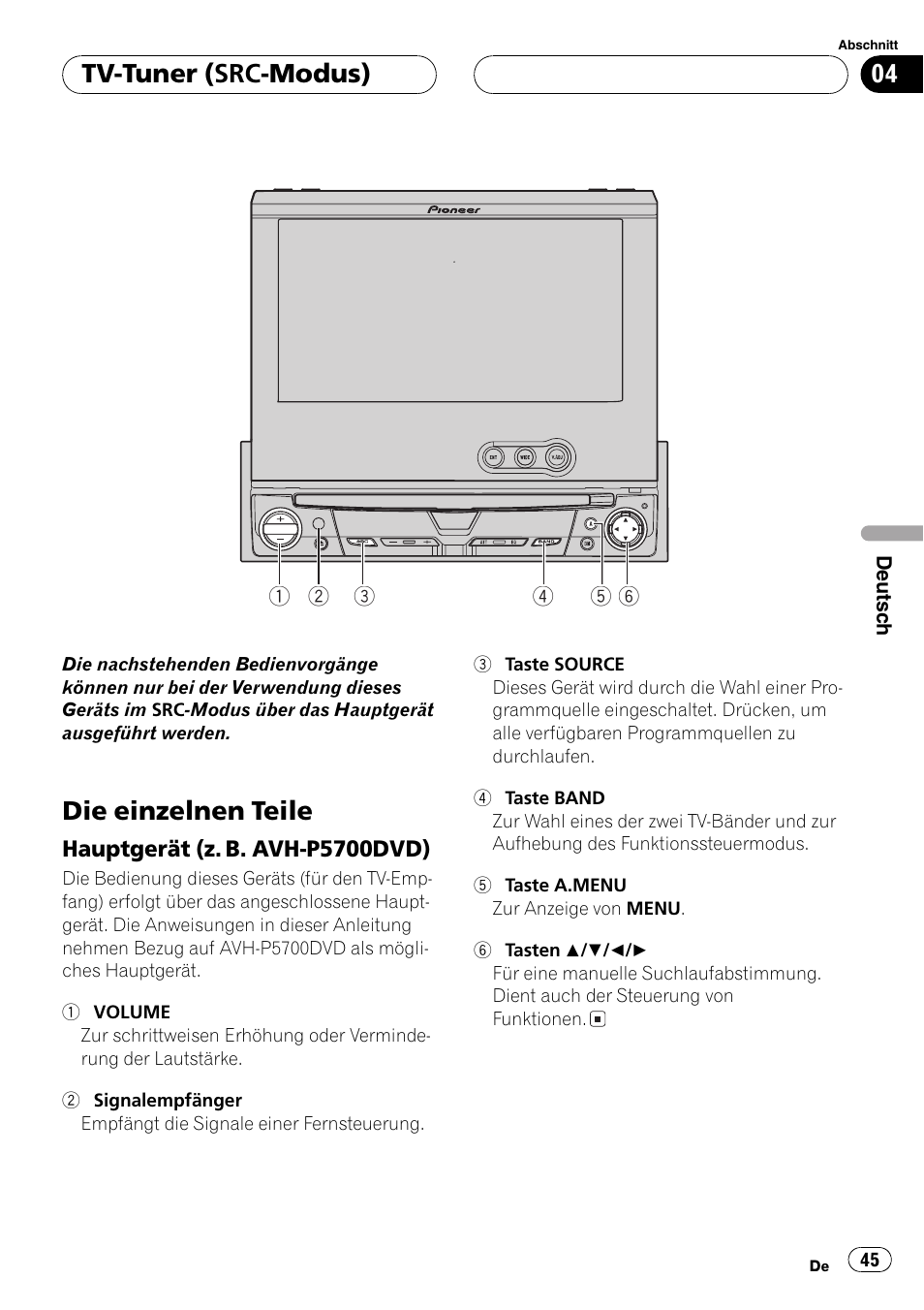 Tv-tuner (src-modus) die einzelnen teile 45, Hauptgerät (z.b. avh-p5700dvd) 45, Die einzelnen teile | Tv-tuner (src-modus) | Pioneer GEX-P5700TVP User Manual | Page 45 / 105