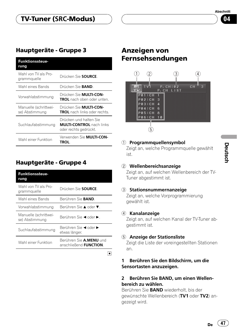 Hauptgeräte - gruppe 3 47, Hauptgeräte - gruppe 4 47, Anzeigen von fernsehsendungen 47 | Anzeigen von fernsehsendungen, Tv-tuner (src-modus), Hauptgeräte - gruppe 3, Hauptgeräte - gruppe 4 | Pioneer GEX-P5700TVP User Manual | Page 47 / 105