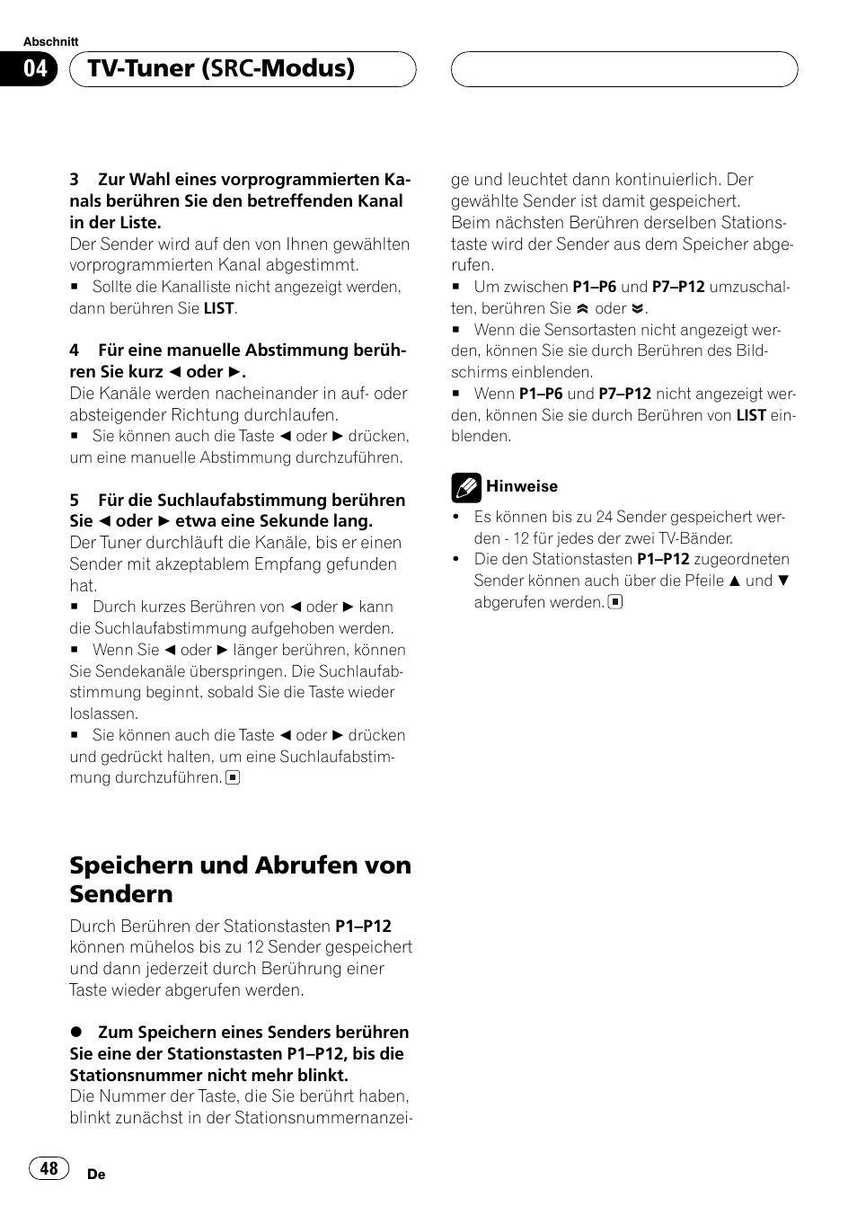 Speichern und abrufen von sendern 48, Speichern und abrufen von sendern, Tv-tuner (src-modus) | Pioneer GEX-P5700TVP User Manual | Page 48 / 105
