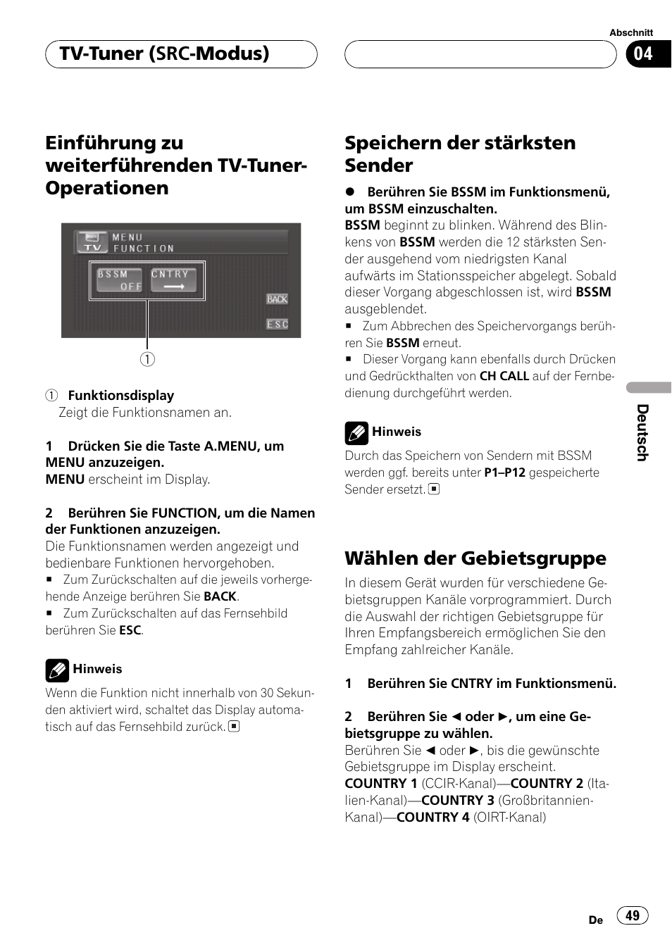 Einführung zu weiterführenden tv-tuner, Operationen 49, Speichern der stärksten sender | Wählen der gebietsgruppe, Tv-tuner (src-modus) | Pioneer GEX-P5700TVP User Manual | Page 49 / 105
