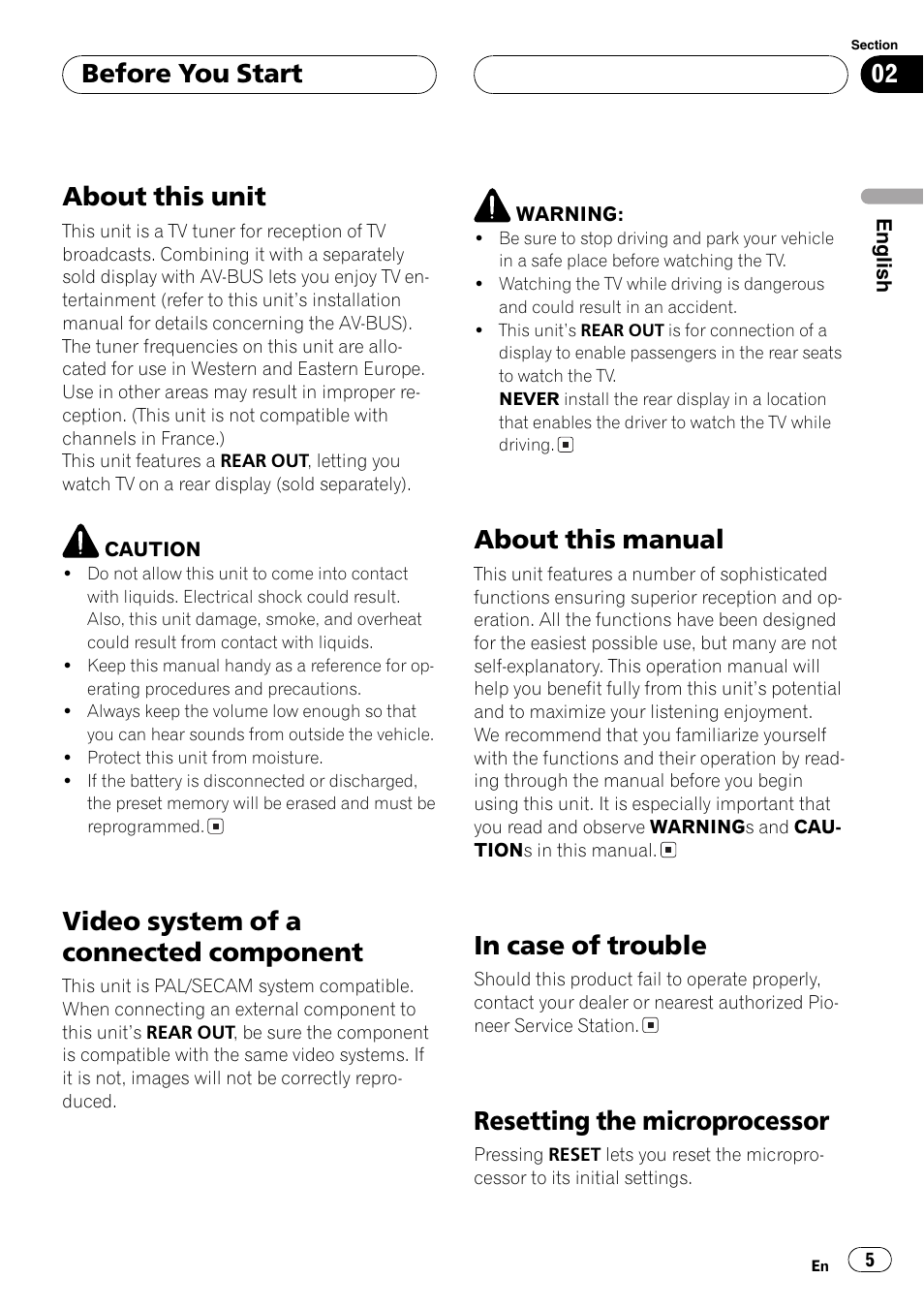 About this unit, Video system of a connected component, About this manual | Resetting the microprocessor, Before you start | Pioneer GEX-P5700TVP User Manual | Page 5 / 105