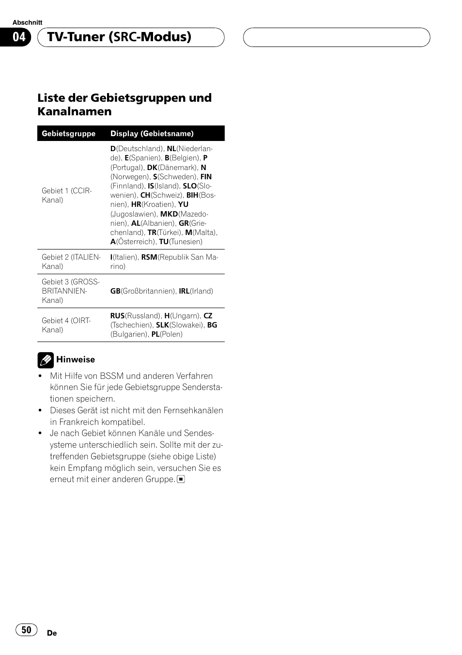 Liste der gebietsgruppen und, Kanalnamen 50, Tv-tuner (src-modus) | Liste der gebietsgruppen und kanalnamen | Pioneer GEX-P5700TVP User Manual | Page 50 / 105