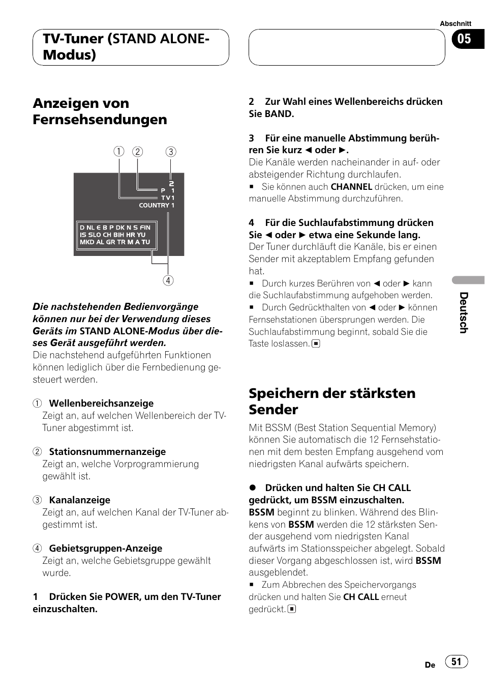 Anzeigen von fernsehsendungen, Speichern der stärksten sender, Tv-tuner (stand alone- modus) | Pioneer GEX-P5700TVP User Manual | Page 51 / 105