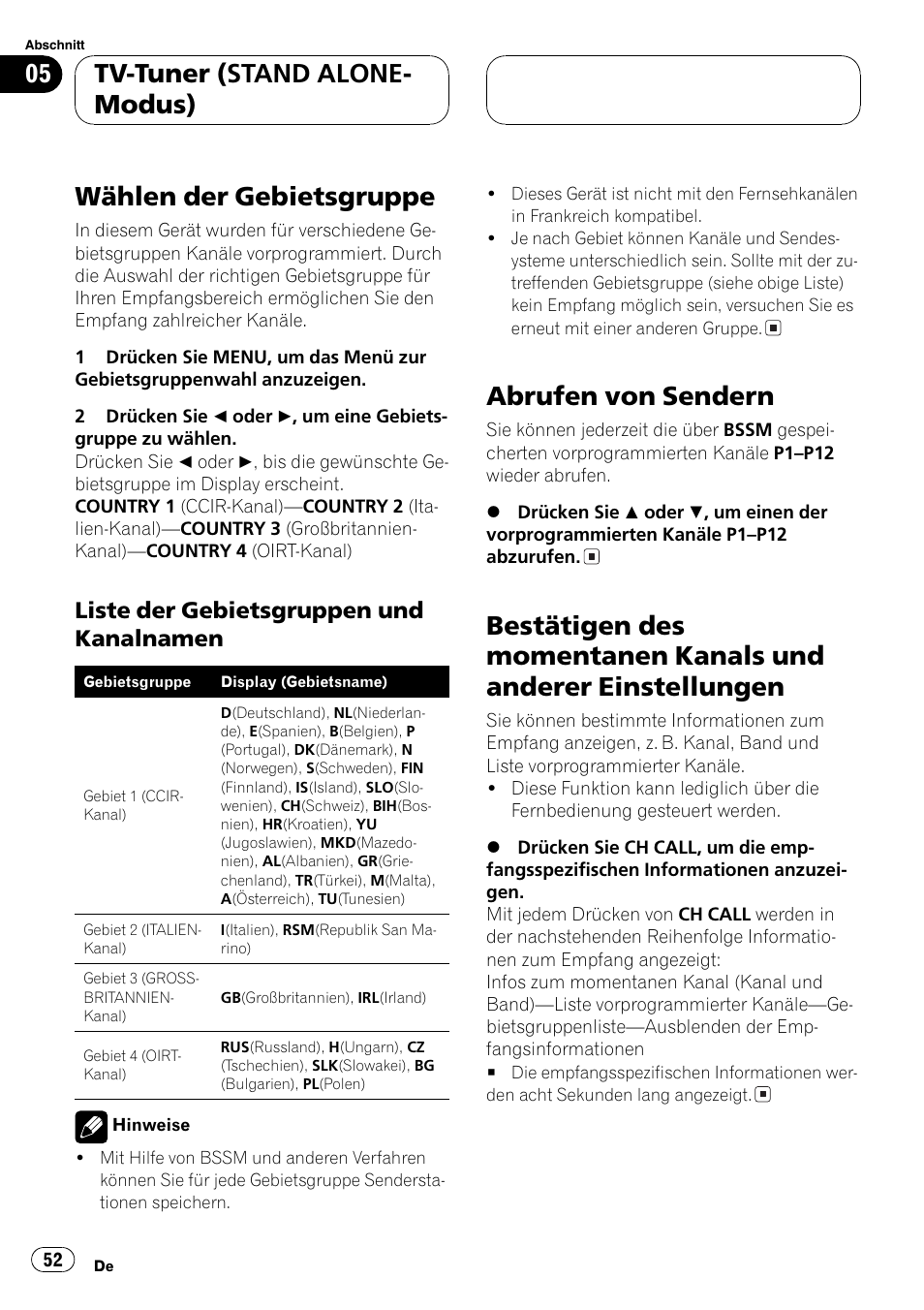 Wählen der gebietsgruppe 52, Liste der gebietsgruppen und, Kanalnamen 52 | Anderer einstellungen 52, Bestätigen des mo, Mentanen kanals und anderer einstellungen, Auf seite 52), Wählen der gebietsgruppe auf seite 52), Bestätigen des momentanen, Kanals und anderer einstellungen auf seite | Pioneer GEX-P5700TVP User Manual | Page 52 / 105