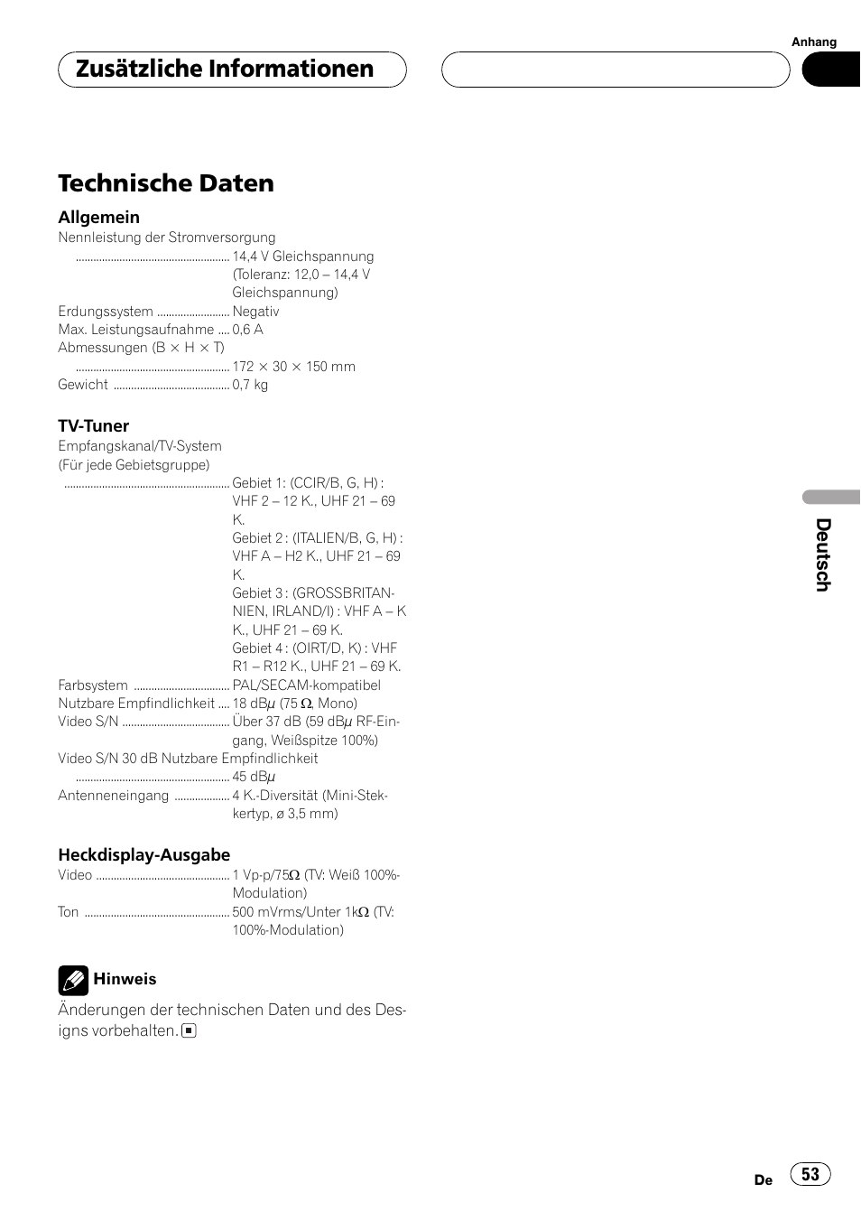 Zusätzliche informationen technische daten 53, Technische daten, Zusätzliche informationen | Deutsch | Pioneer GEX-P5700TVP User Manual | Page 53 / 105