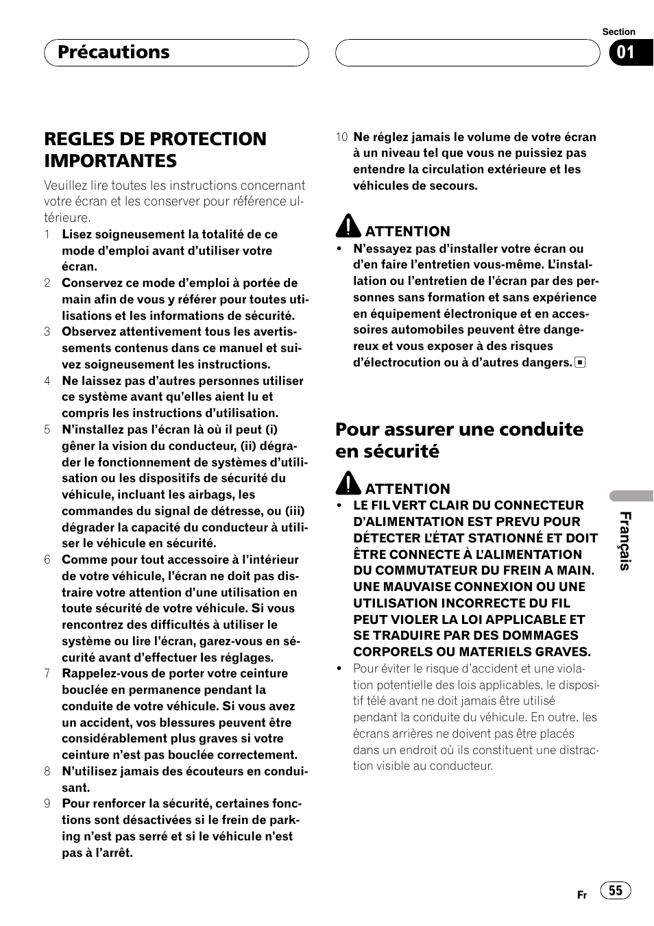 Précautions regles de protection, Importantes 55, Pour assurer une conduite en sécurité 55 | Regles de protection importantes, Pour assurer une conduite en sécurité, Précautions | Pioneer GEX-P5700TVP User Manual | Page 55 / 105