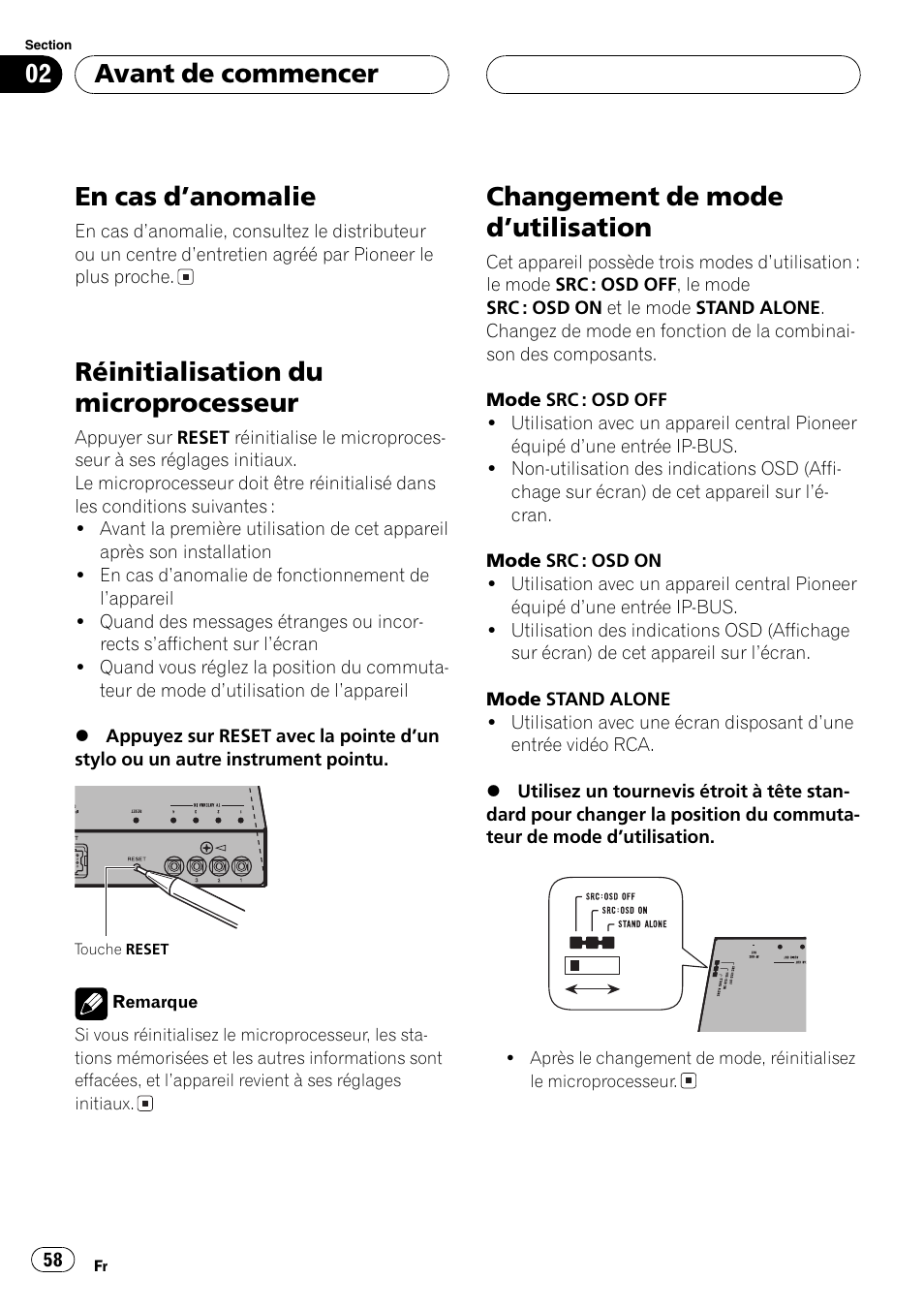 En cas danomalie 58, Réinitialisation du microprocesseur 58, Changement de mode dutilisation 58 | En cas danomalie, Réinitialisation du microprocesseur, Changement de mode dutilisation, Avant de commencer | Pioneer GEX-P5700TVP User Manual | Page 58 / 105