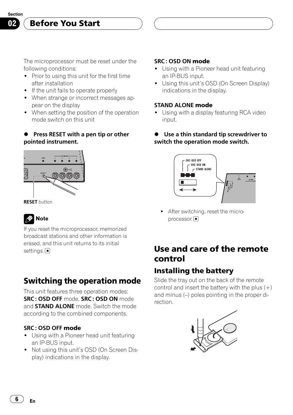 Installing the battery 6, Switching the operation mode, Use and care of the remote control | Before you start | Pioneer GEX-P5700TVP User Manual | Page 6 / 105