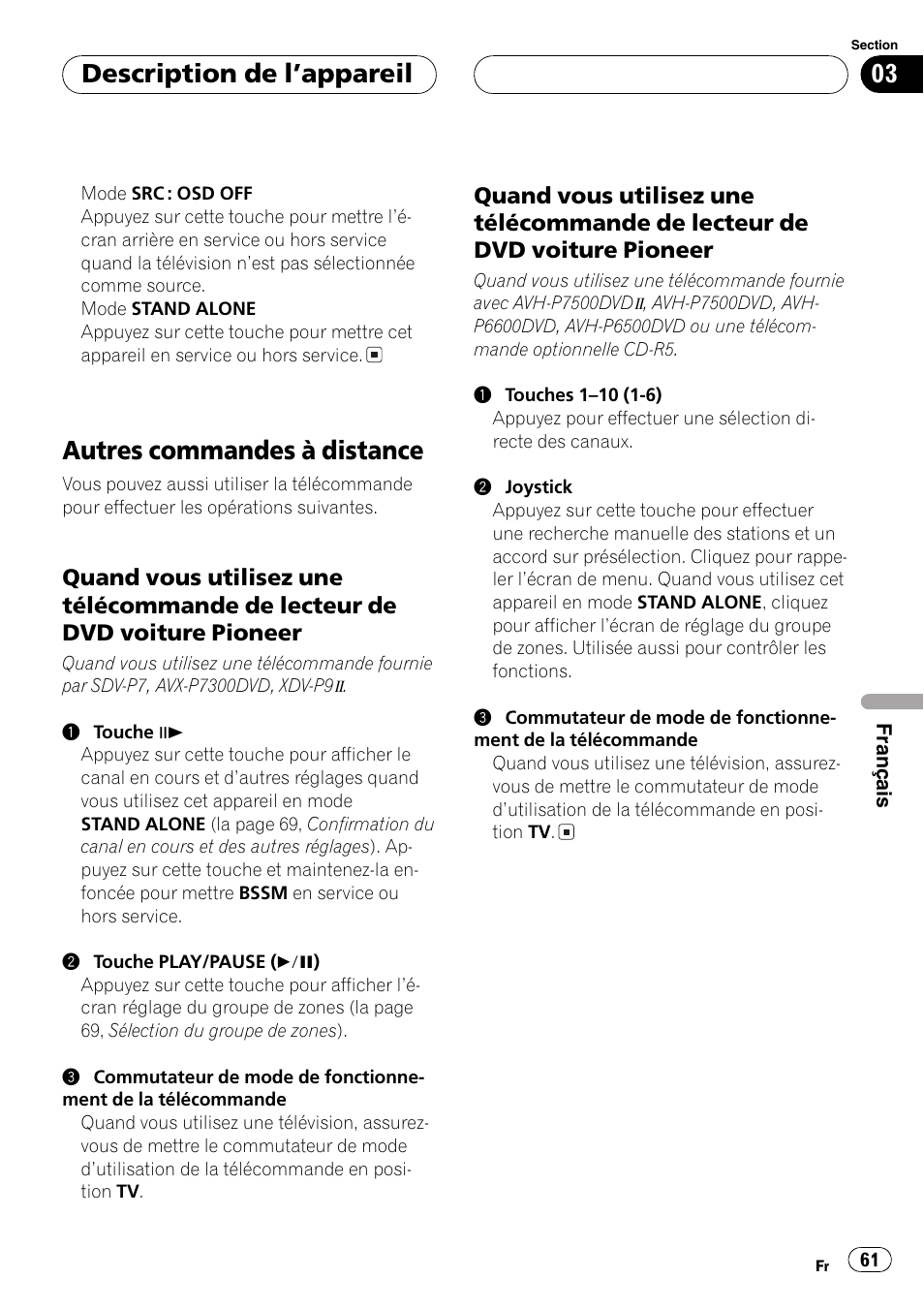 Autres commandes à distance 61, Quand vous utilisez une, Télécommande de lecteur de dvd | Voiture pioneer 61, Autres commandes à distance, Description de lappareil | Pioneer GEX-P5700TVP User Manual | Page 61 / 105