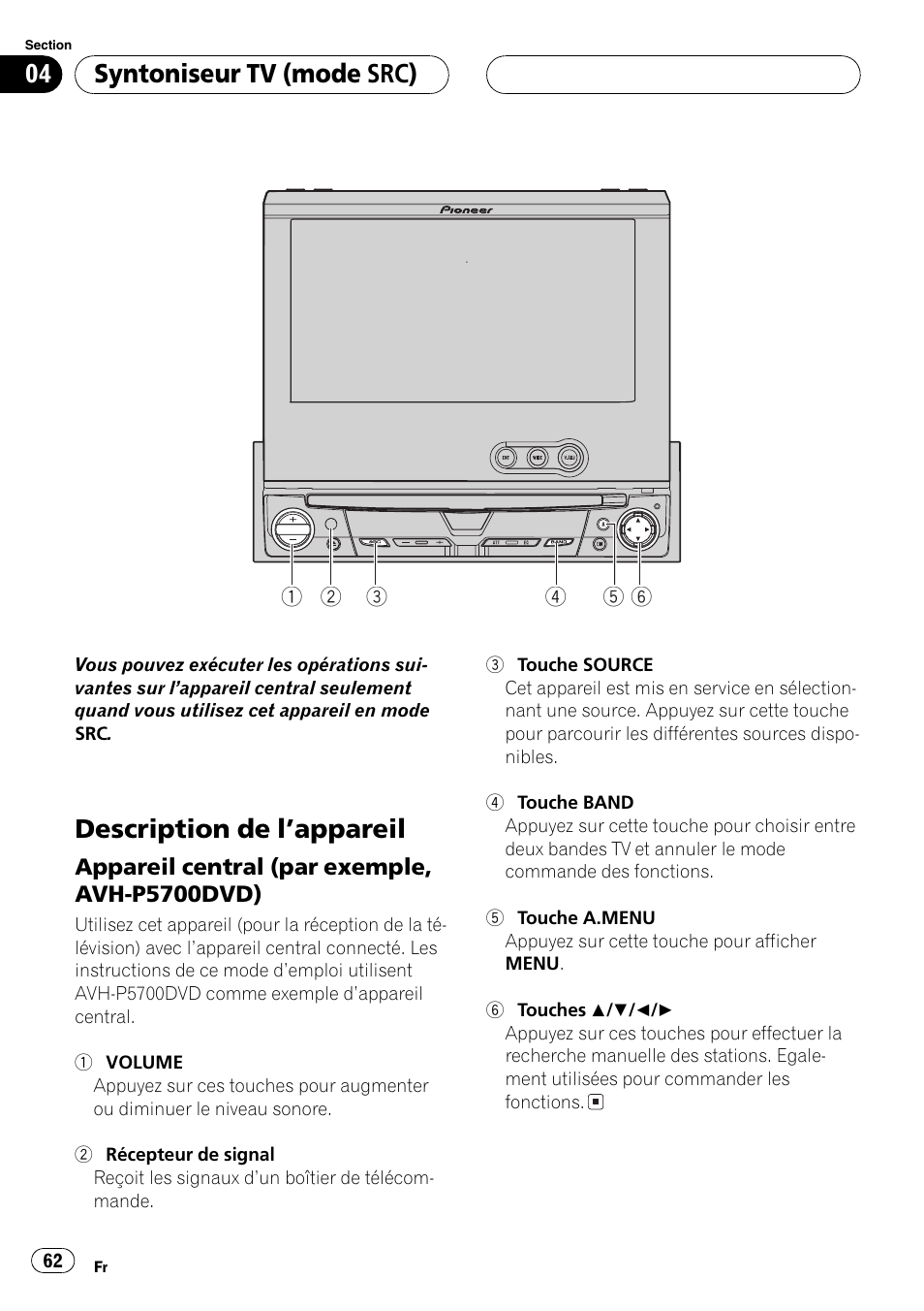 Syntoniseur tv (mode src), Description de lappareil 62, Appareil central (par exemple, avh | P5700dvd) 62, Description de lappareil | Pioneer GEX-P5700TVP User Manual | Page 62 / 105