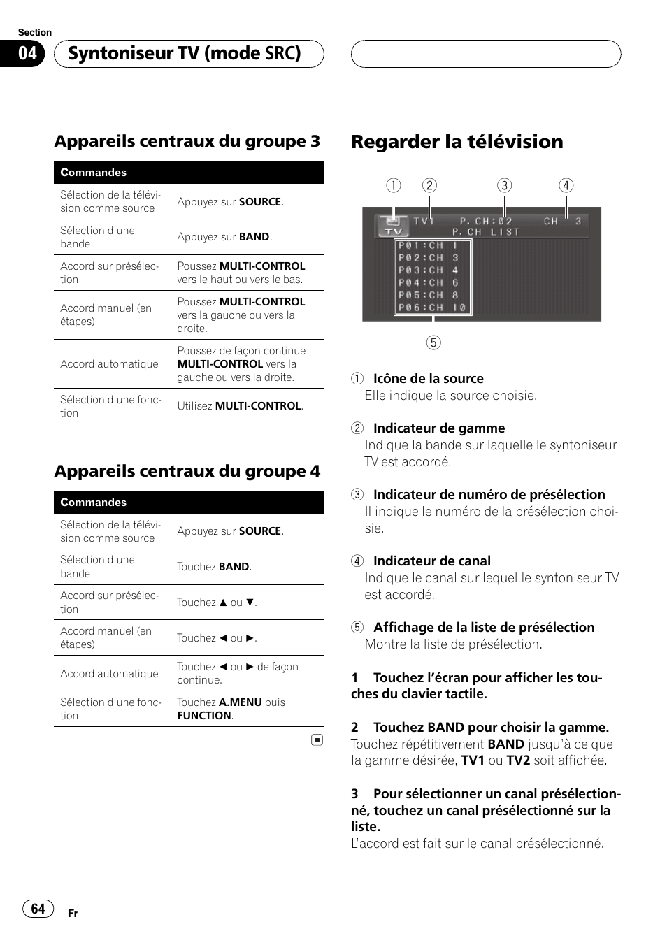 Appareils centraux du groupe 3 64, Appareils centraux du groupe 4 64, Regarder la télévision 64 | Regarder la télévision, Syntoniseur tv (mode src), Appareils centrauxdu groupe 3, Appareils centrauxdu groupe 4 | Pioneer GEX-P5700TVP User Manual | Page 64 / 105