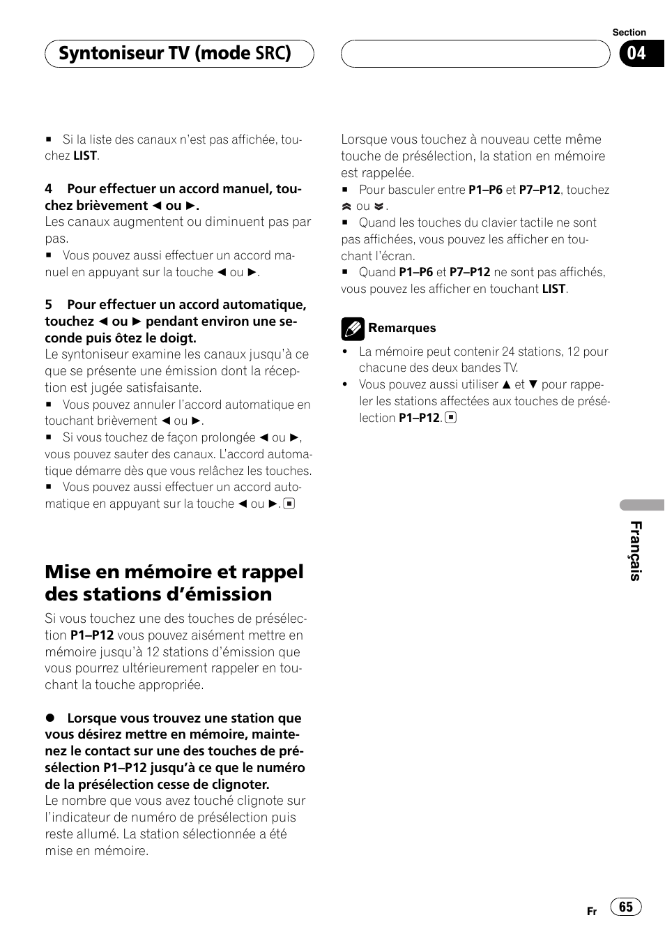 Mise en mémoire et rappel des stations, Démission 65, Mise en mémoire et rappel des stations démission | Syntoniseur tv (mode src) | Pioneer GEX-P5700TVP User Manual | Page 65 / 105