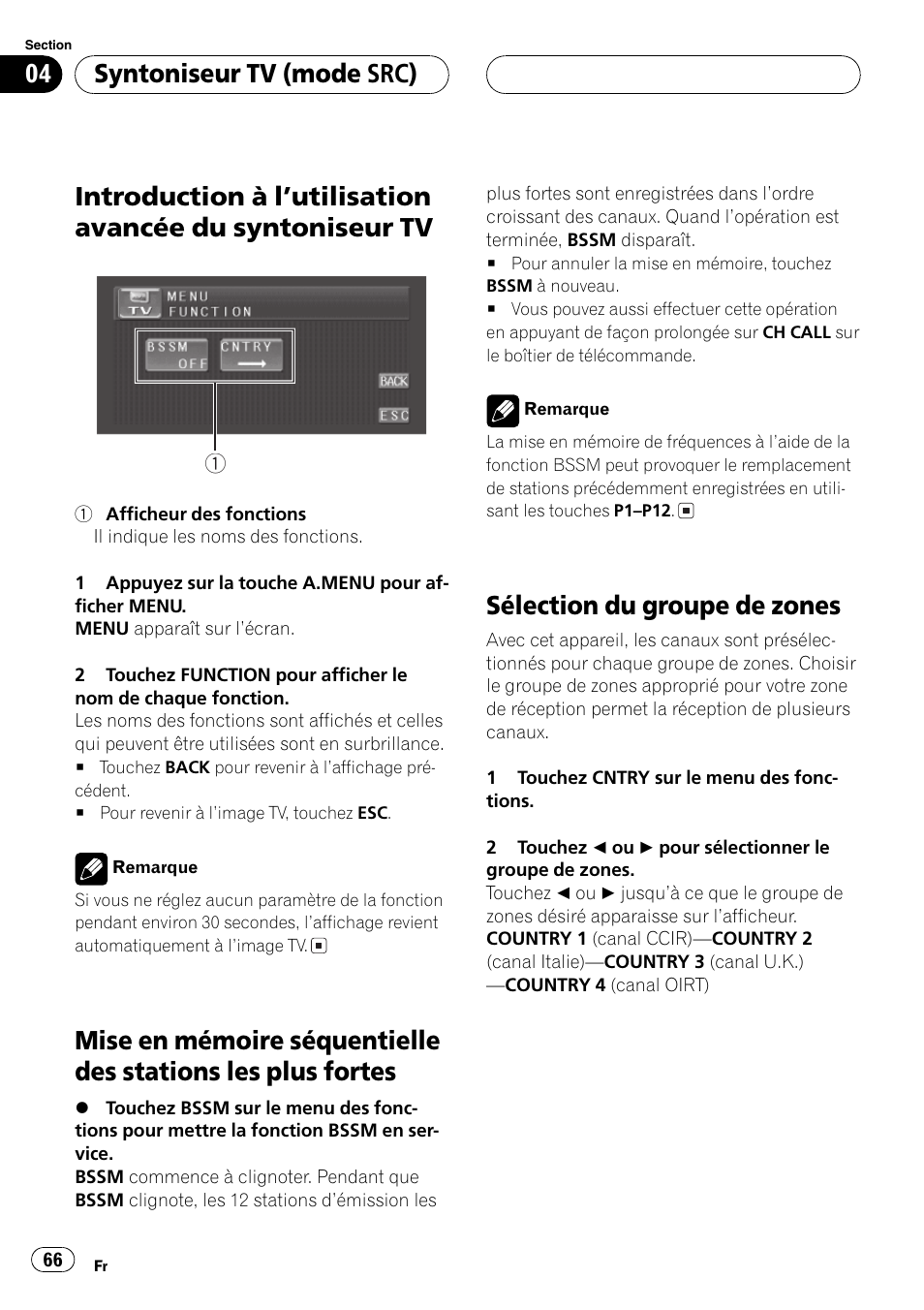 Introduction à lutilisation avancée du, Syntoniseur tv 66, Mise en mémoire séquentielle des stations | Les plus fortes 66, Sélection du groupe de zones 66, Sélection du groupe de zones, Syntoniseur tv (mode src) | Pioneer GEX-P5700TVP User Manual | Page 66 / 105