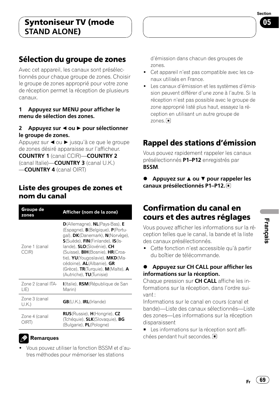 Sélection du groupe de zones 69, Liste des groupes de zones et nom du, Canal 69 | Rappel des stations démission 69, Confirmation du canal en cours et des autres, Réglages 69, 69, confirmation du canal en cours et des au, Tres réglages), 69, sélection du groupe de zones, Canal en cours et des autres réglages | Pioneer GEX-P5700TVP User Manual | Page 69 / 105