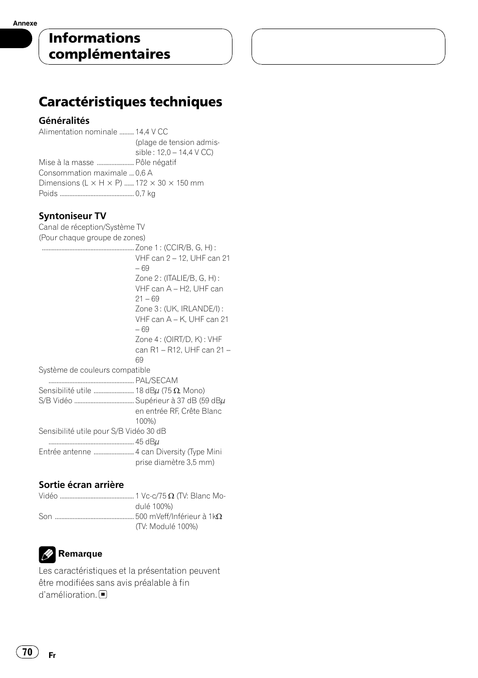 Informations complémentaires, Caractéristiques techniques 70, Caractéristiques techniques | Pioneer GEX-P5700TVP User Manual | Page 70 / 105