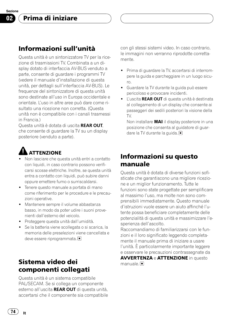 Prima di iniziare, Informazioni sullunità 74, Sistema video dei componenti collegati 74 | Informazioni su questo manuale 74, Informazioni sullunità, Sistema video dei componenti collegati, Informazioni su questo manuale | Pioneer GEX-P5700TVP User Manual | Page 74 / 105