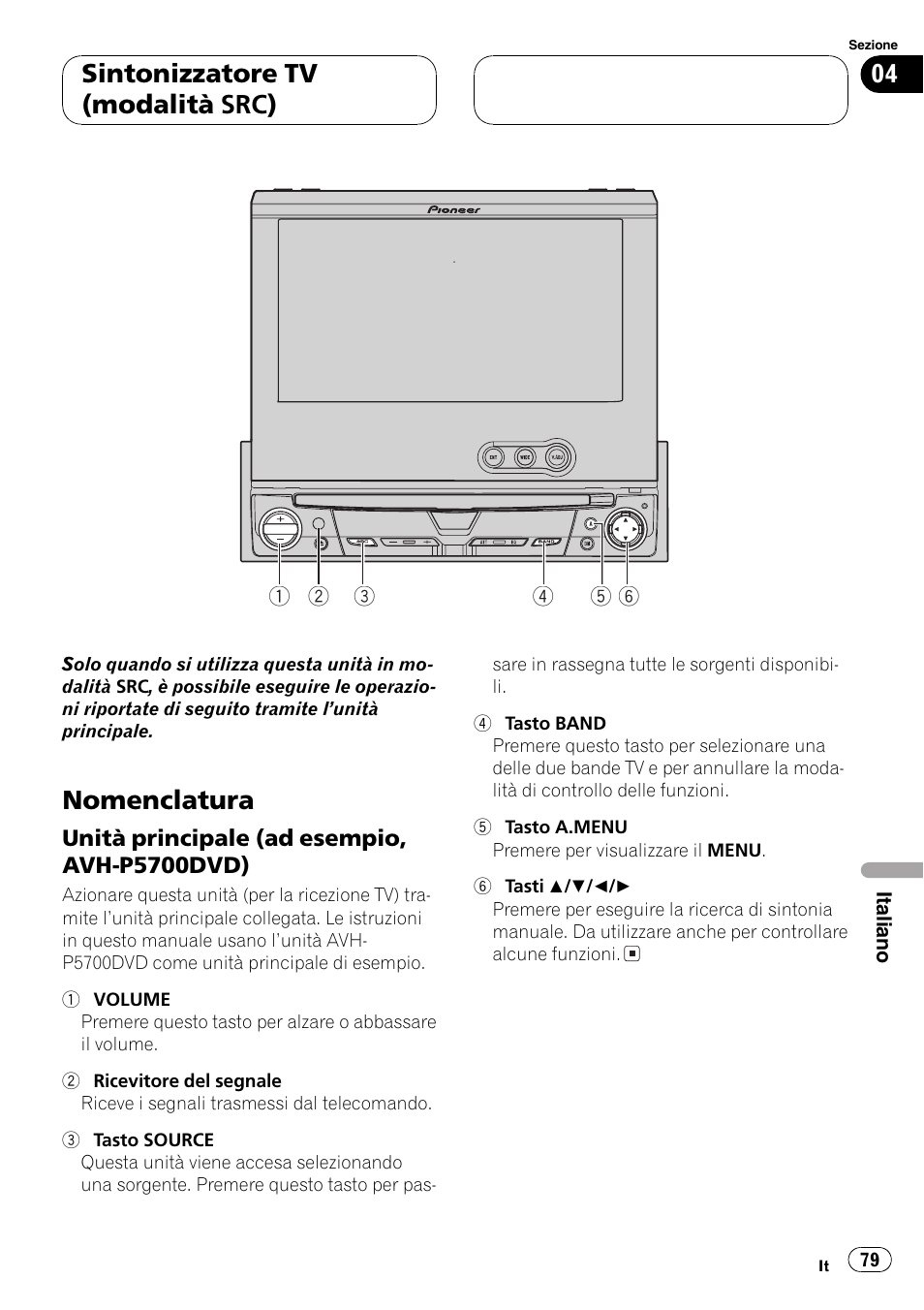 Sintonizzatore tv (modalità src), Nomenclatura 79, Unità principale (ad esempio, avh | P5700dvd) 79, Nomenclatura | Pioneer GEX-P5700TVP User Manual | Page 79 / 105