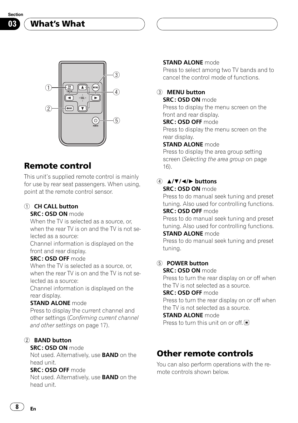 Remote control, Other remote controls, Whats what | Pioneer GEX-P5700TVP User Manual | Page 8 / 105