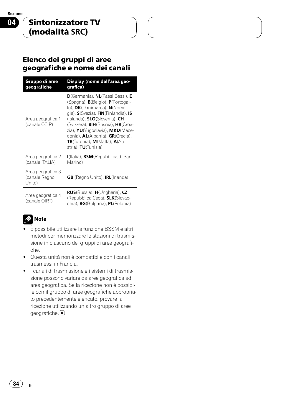 Elenco dei gruppi di aree geografiche, E nome dei canali 84, Sintonizzatore tv (modalità src) | Pioneer GEX-P5700TVP User Manual | Page 84 / 105