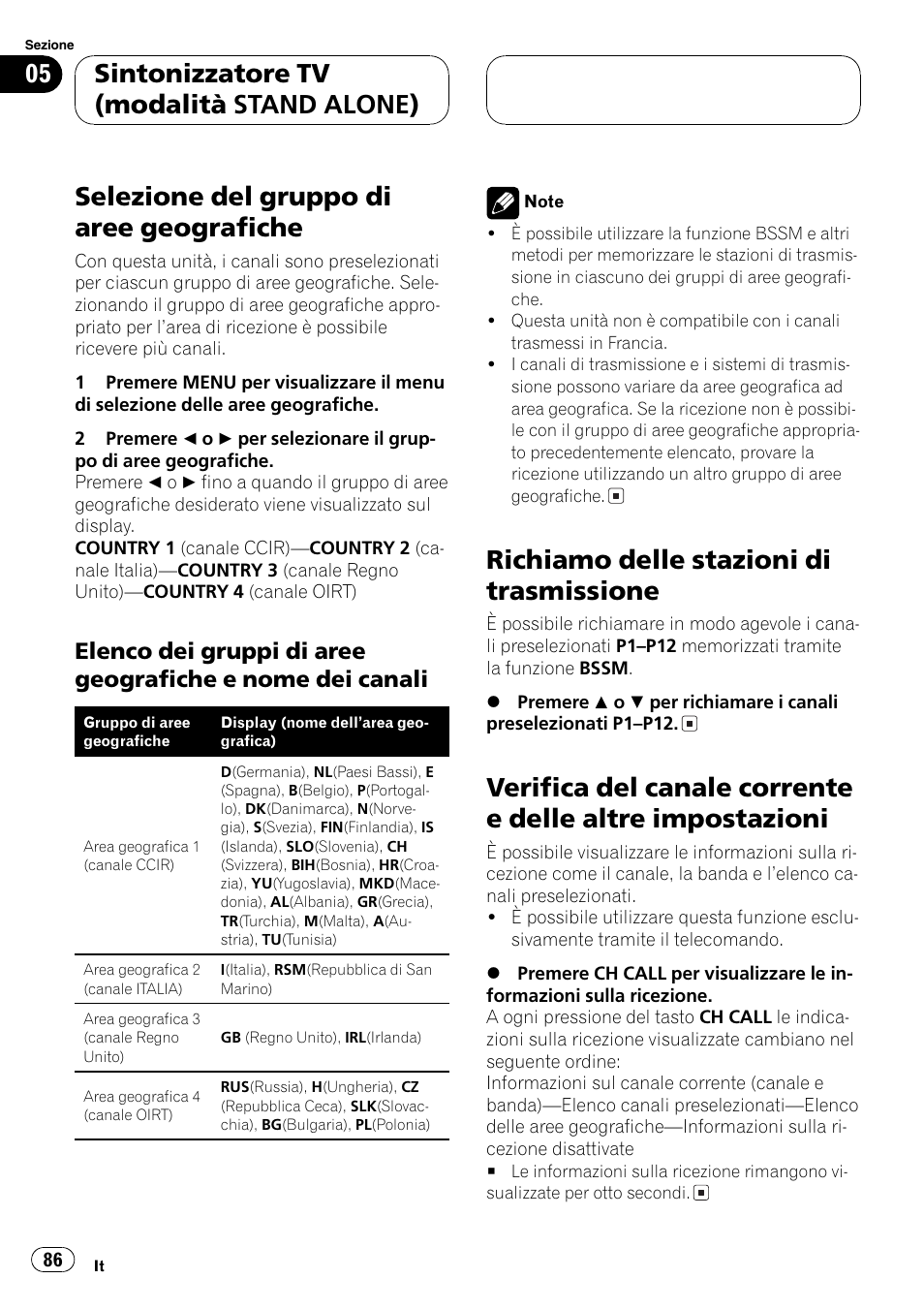 Selezione del gruppo di aree geografiche 86, Elenco dei gruppi di aree geografiche, E nome dei canali 86 | Richiamo delle stazioni di trasmissione 86, Verifica del canale corrente e delle altre, Impostazioni 86, Verifica del canale cor, Selezione del gruppo di aree geografiche a, Verifi, Ca del canale corrente e delle altre | Pioneer GEX-P5700TVP User Manual | Page 86 / 105