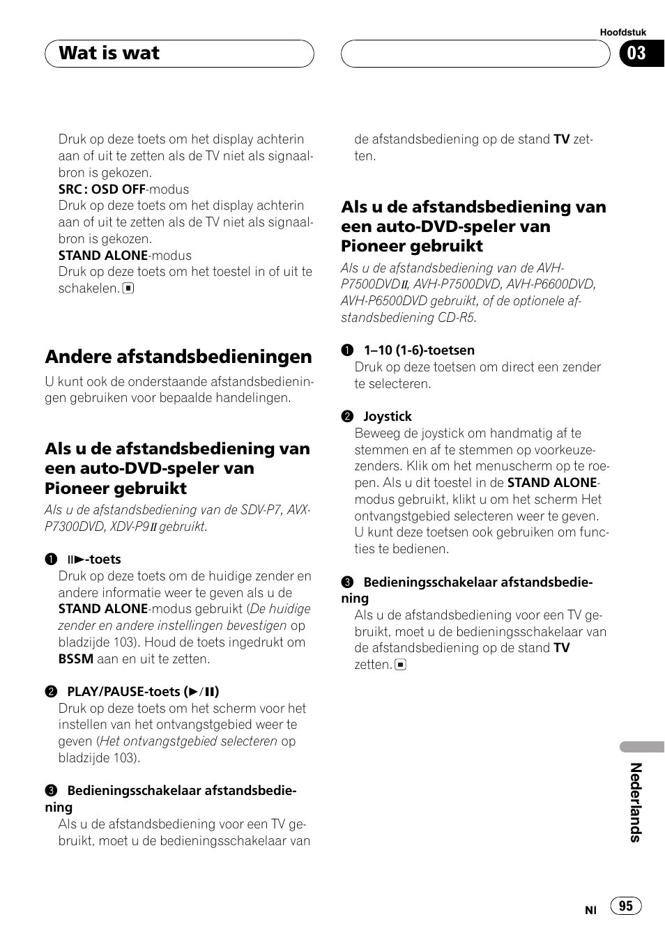 Andere afstandsbedieningen 95, Als u de afstandsbediening van een, Auto-dvd-speler van pioneer | Gebruikt 95, Andere afstandsbedieningen, Wat is wat | Pioneer GEX-P5700TVP User Manual | Page 95 / 105