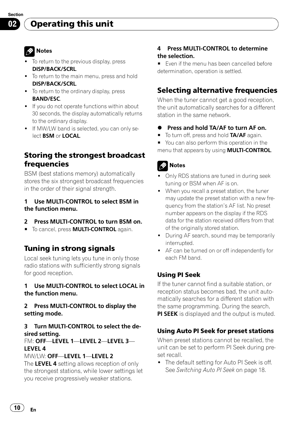 Storing the strongest broadcast, Frequencies, Tuning in strong signals 10 | Selecting alternative frequencies 10, Operating this unit, Storing the strongest broadcast frequencies, Tuning in strong signals, Selecting alternative frequencies | Pioneer DEH-2100UB User Manual | Page 10 / 108
