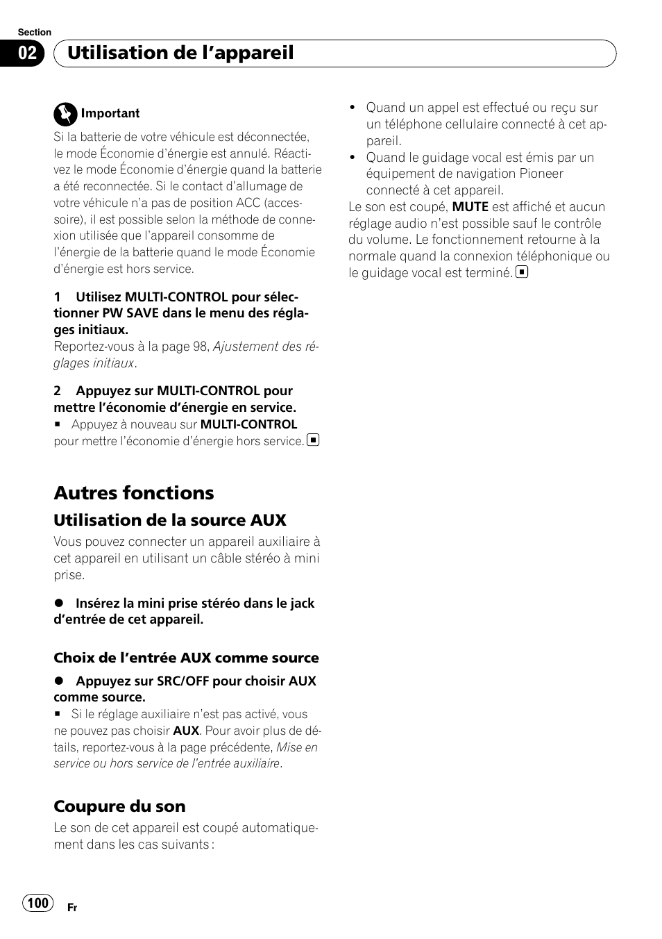 Autres fonctions, Utilisation de la source aux 100, Coupure du son 100 | Utilisation de l ’appareil, Utilisation de la source aux, Coupure du son | Pioneer DEH-2100UB User Manual | Page 100 / 108