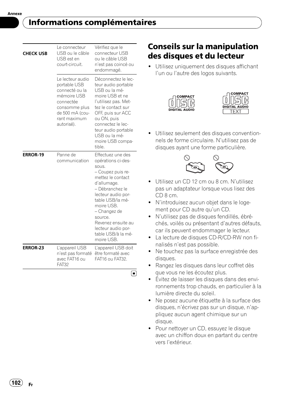 Conseils sur la manipulation des disques et, Du lecteur, Informations complémentaires | Pioneer DEH-2100UB User Manual | Page 102 / 108