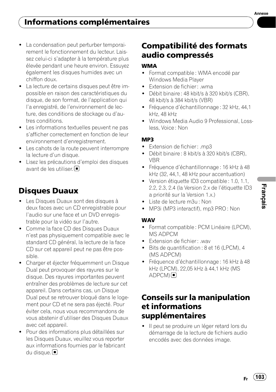 Disques duaux, Compatibilité des formats audio, Compressés | Conseils sur la manipulation et informations, Supplémentaires, Compatibilité des formats audio compressés, Informations complémentaires | Pioneer DEH-2100UB User Manual | Page 103 / 108