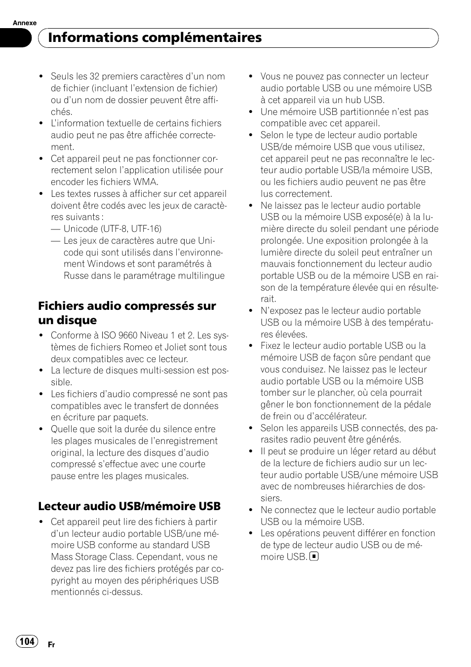 Fichiers audio compressés sur un, Disque, Lecteur audio usb/mémoire usb 104 | Informations complémentaires, Fichiers audio compressés sur un disque, Lecteur audio usb/mémoire usb | Pioneer DEH-2100UB User Manual | Page 104 / 108