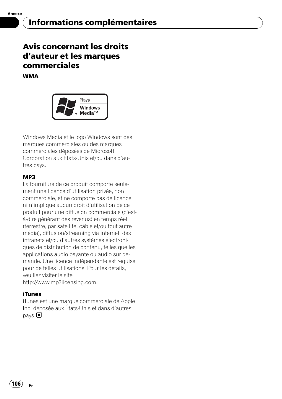 Avis concernant les droits d, Auteur et les, Marques commerciales | Informations complémentaires | Pioneer DEH-2100UB User Manual | Page 106 / 108