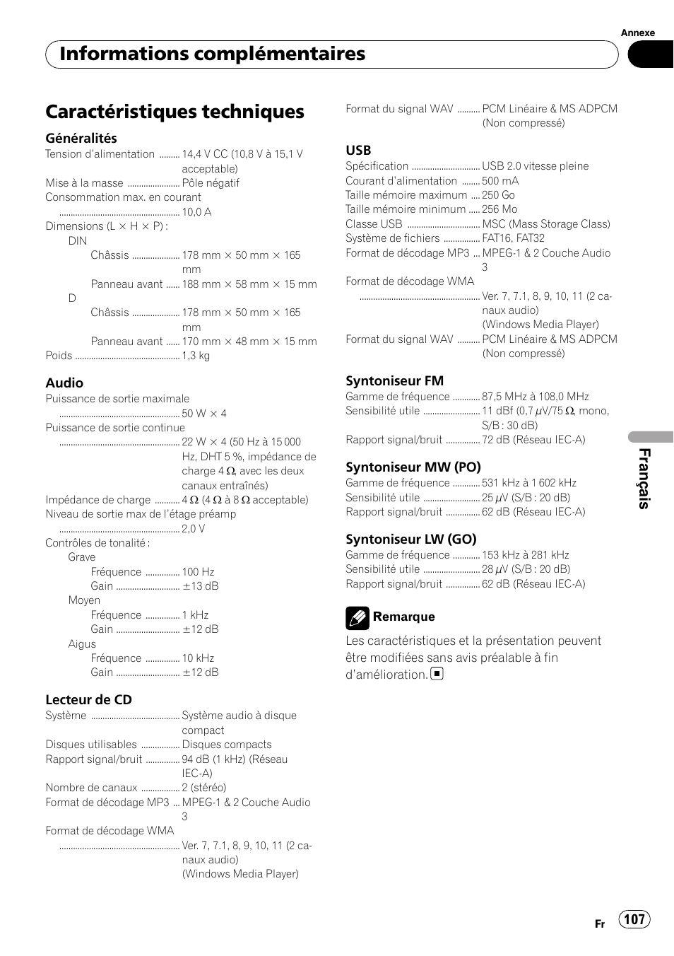 Caractéristiques techniques, Informations complémentaires, Français | Pioneer DEH-2100UB User Manual | Page 107 / 108