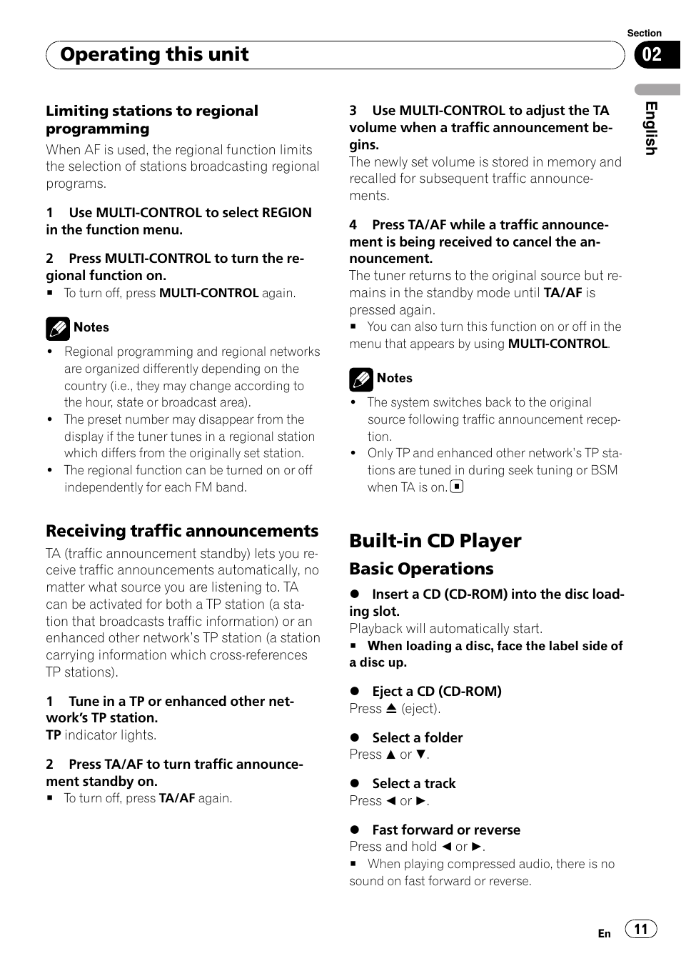 Receiving traffic announcements 11, Built-in cd player, Basic operations 11 | Operating this unit, Receiving traffic announcements, Basic operations | Pioneer DEH-2100UB User Manual | Page 11 / 108