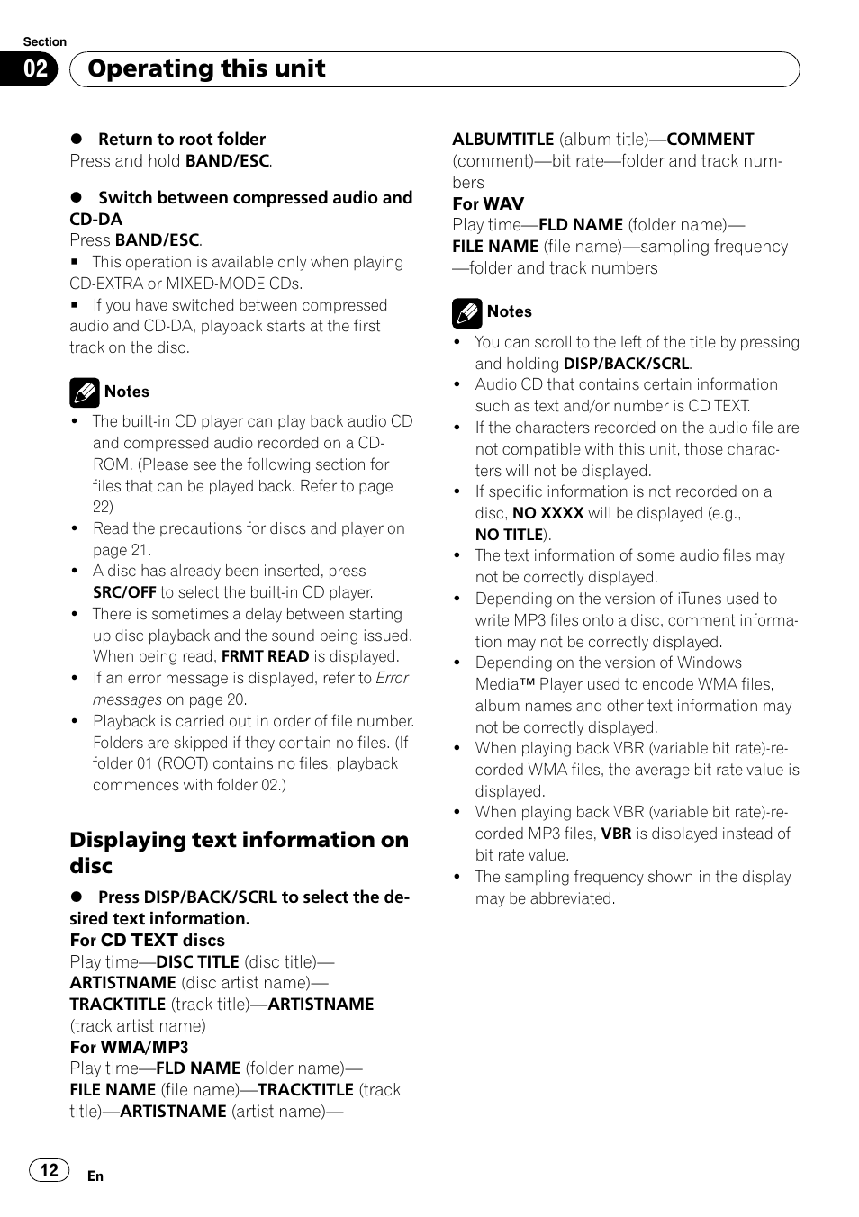 Displaying text information on disc 12, Operating this unit, Displaying text information on disc | Pioneer DEH-2100UB User Manual | Page 12 / 108