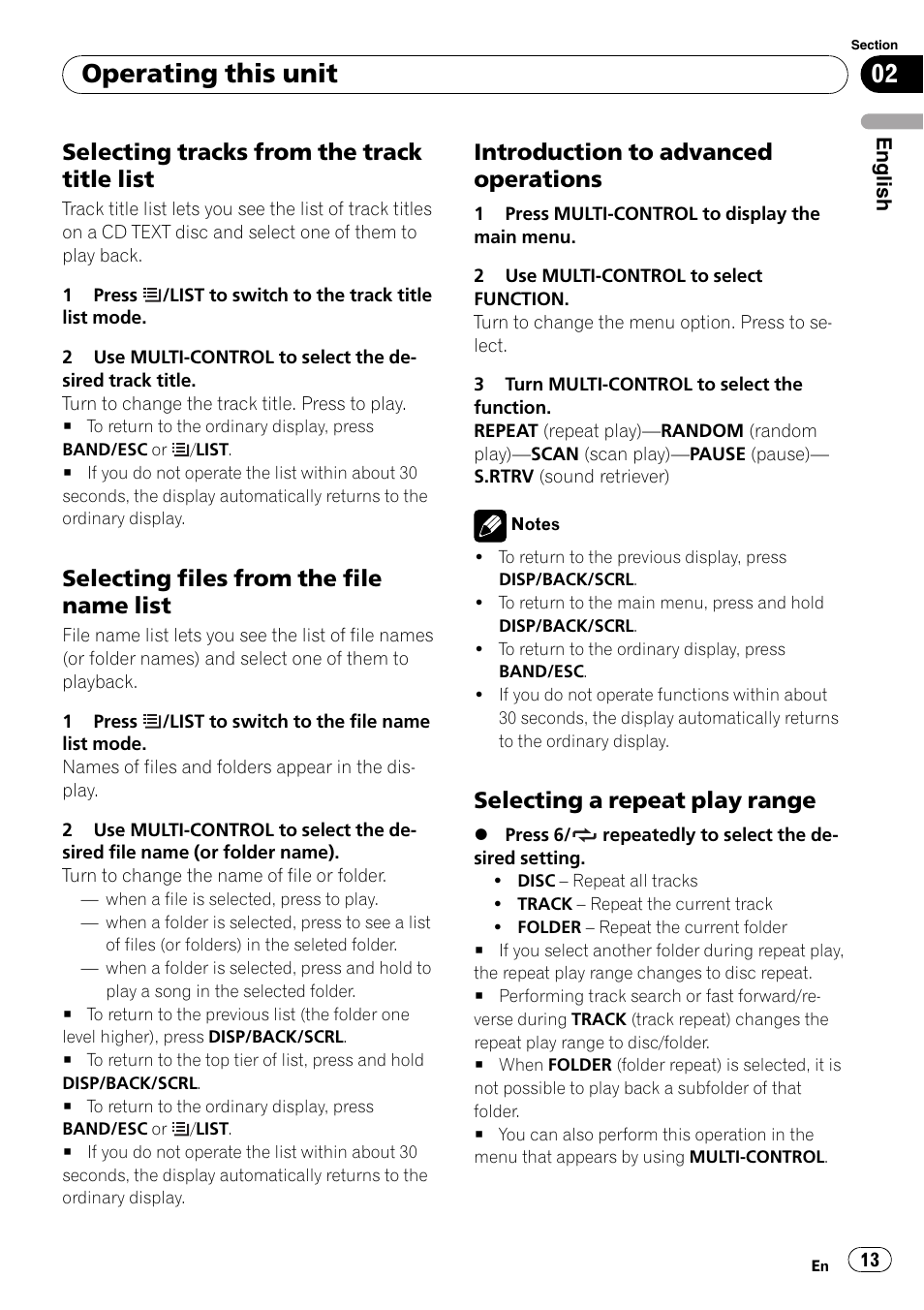 Selecting tracks from the track title, List, Selecting files from the file name | Introduction to advanced, Operations, Selecting a repeat play range 13, Operating this unit, Selecting tracks from the track title list, Selecting files from the file name list, Introduction to advanced operations | Pioneer DEH-2100UB User Manual | Page 13 / 108