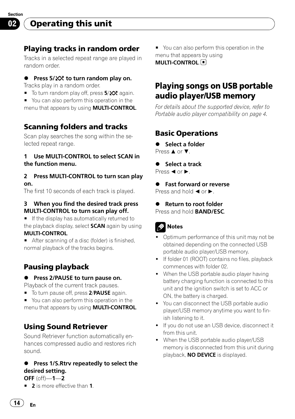 Playing tracks in random order 14, Scanning folders and tracks 14, Pausing playback 14 | Using sound retriever 14, Playing songs on usb portable audio player, Usb memory, Basic operations 14, Operating this unit, Playing tracks in random order, Scanning folders and tracks | Pioneer DEH-2100UB User Manual | Page 14 / 108