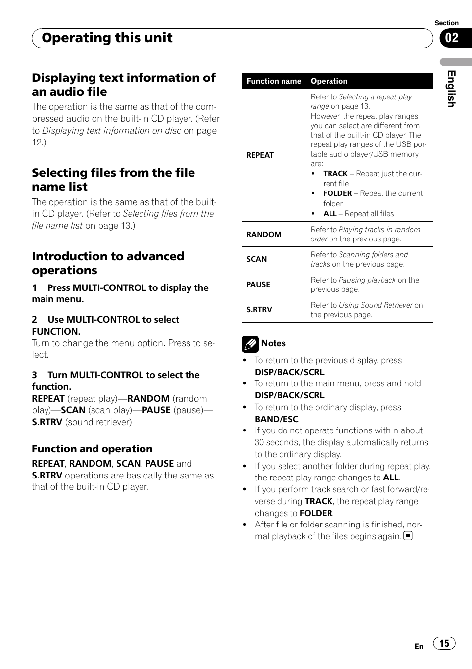 Displaying text information of an audio, File, Selecting files from the file name | List, Introduction to advanced, Operations, Operating this unit, Displaying text information of an audio file, Selecting files from the file name list, Introduction to advanced operations | Pioneer DEH-2100UB User Manual | Page 15 / 108