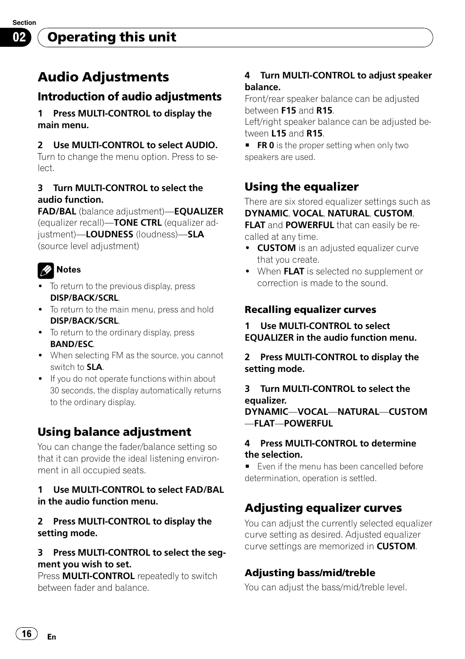 Audio adjustments, Introduction of audio adjustments 16, Using balance adjustment 16 | Using the equalizer 16, Adjusting equalizer curves 16, Operating this unit, Introduction of audio adjustments, Using balance adjustment, Using the equalizer, Adjusting equalizer curves | Pioneer DEH-2100UB User Manual | Page 16 / 108