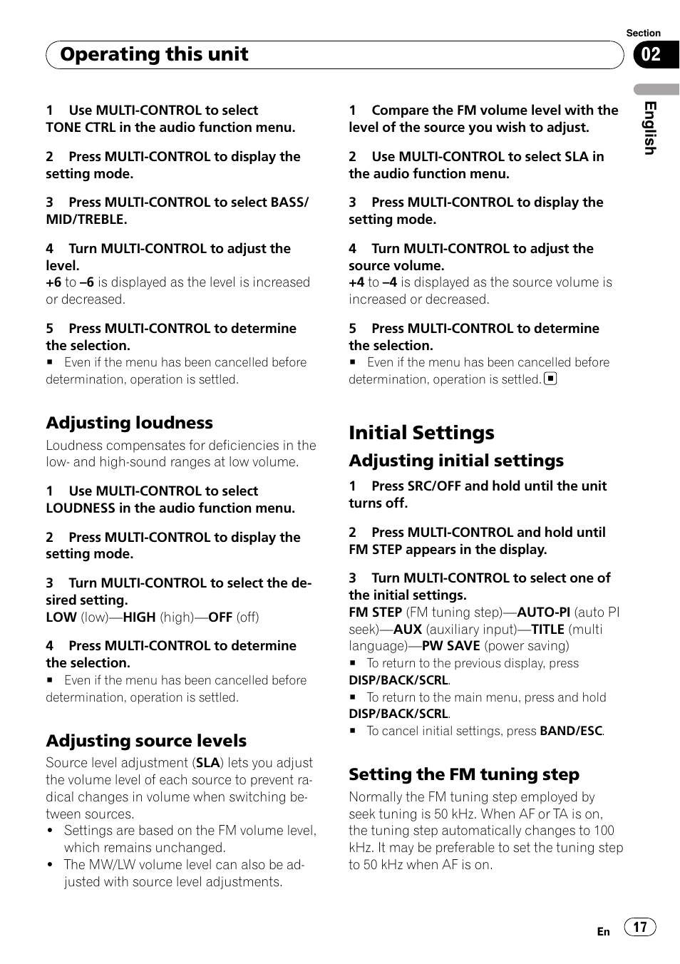 Adjusting loudness 17, Adjusting source levels 17, Initial settings | Adjusting initial settings 17, Setting the fm tuning step 17, Operating this unit, Adjusting loudness, Adjusting source levels, Adjusting initial settings, Setting the fm tuning step | Pioneer DEH-2100UB User Manual | Page 17 / 108
