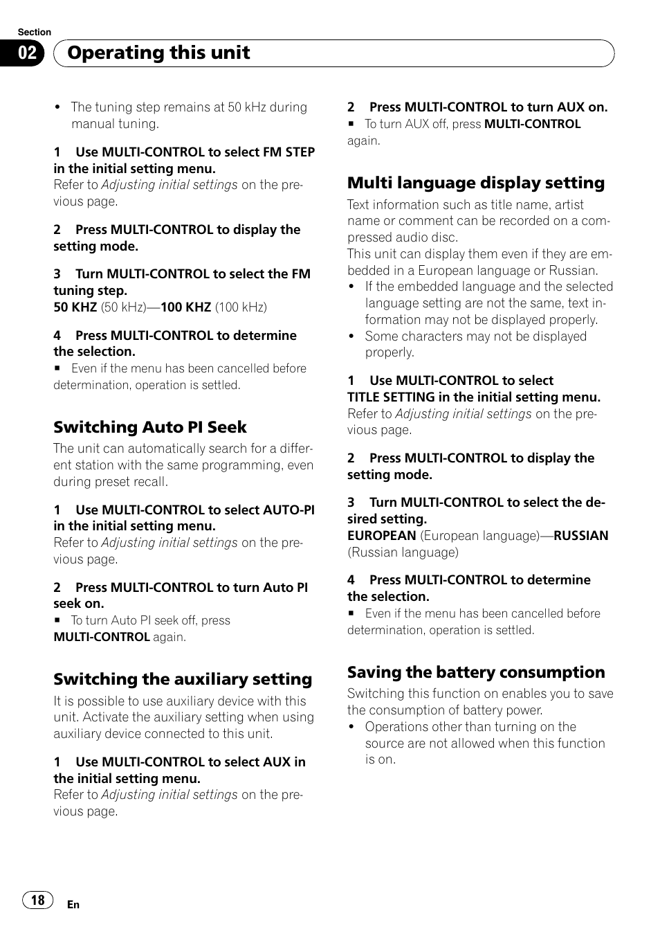 Switching auto pi seek 18, Switching the auxiliary setting 18, Multi language display setting 18 | Saving the battery consumption 18, Operating this unit, Switching auto pi seek, Switching the auxiliary setting, Multi language display setting, Saving the battery consumption | Pioneer DEH-2100UB User Manual | Page 18 / 108