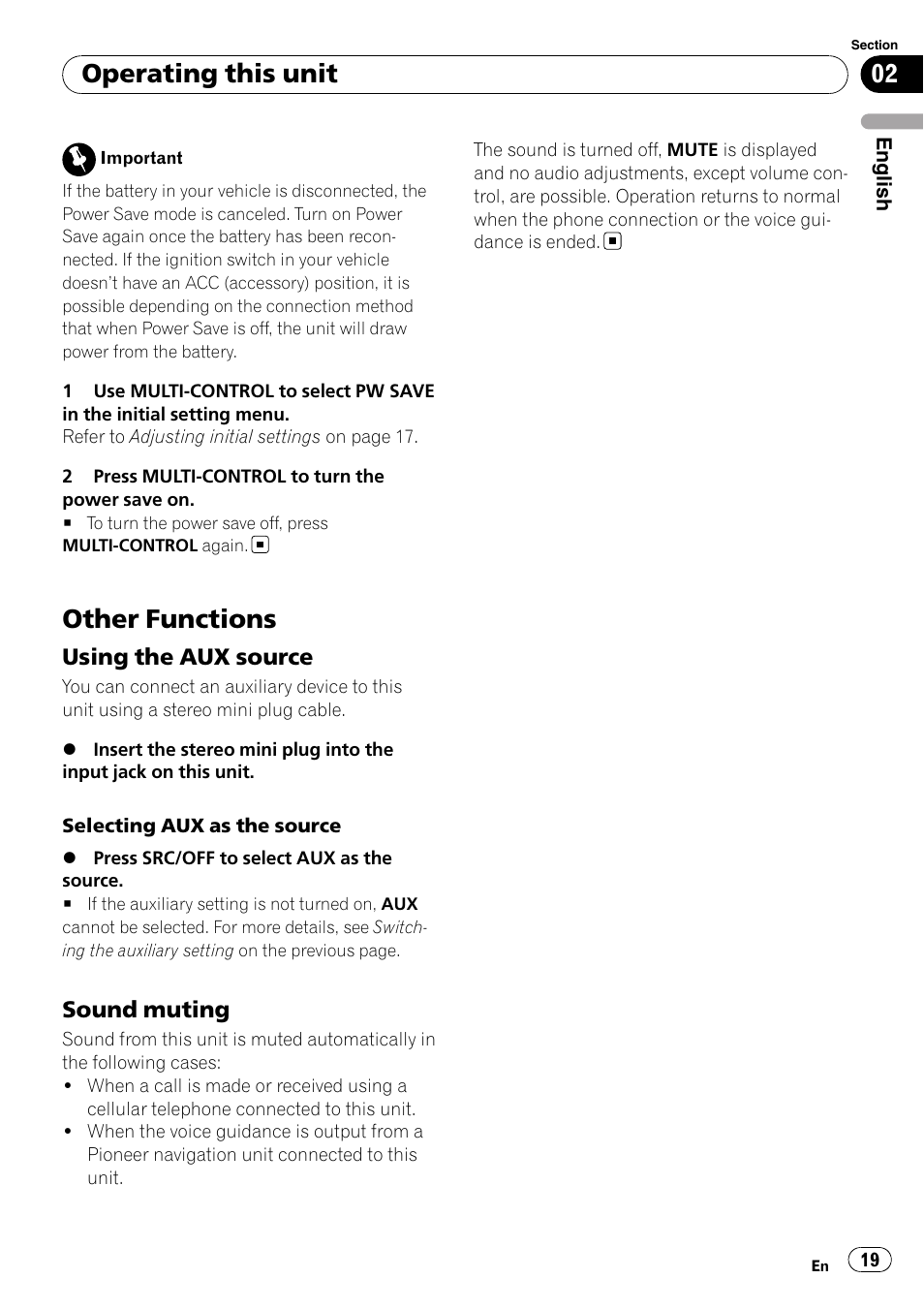 Other functions, Using the aux source 19, Sound muting 19 | Operating this unit | Pioneer DEH-2100UB User Manual | Page 19 / 108
