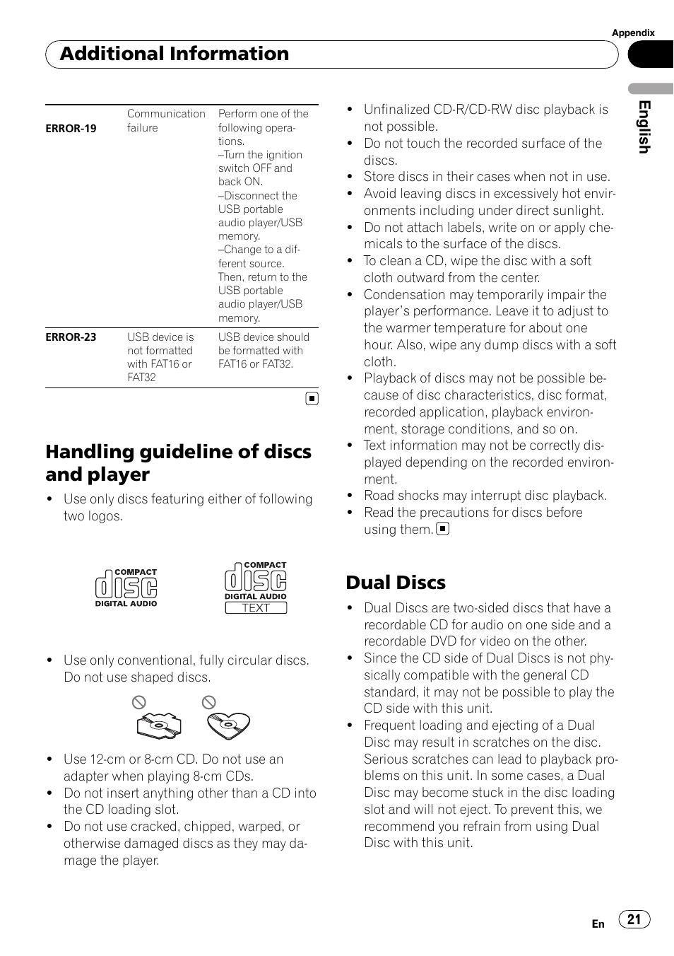 Handling guideline of discs and player, Dual discs, Additional information | Pioneer DEH-2100UB User Manual | Page 21 / 108