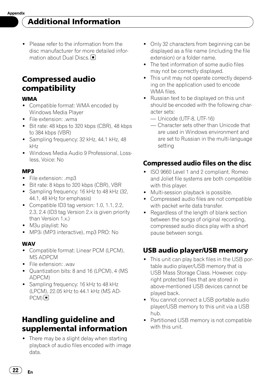 Compressed audio compatibility, Handling guideline and supplemental, Information | Compressed audio files on the, Disc, Usb audio player/usb memory 22, Handling guideline and supplemental information, Additional information, Compressed audio files on the disc | Pioneer DEH-2100UB User Manual | Page 22 / 108