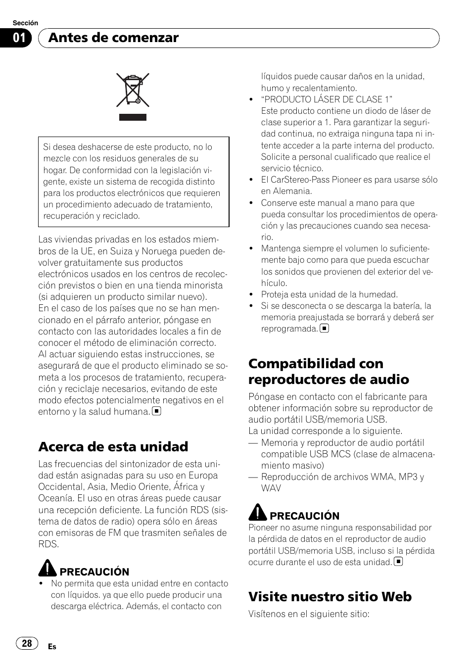 Antes de comenzar, Acerca de esta unidad, Compatibilidad con reproductores de | Audio, Visite nuestro sitio web, Compatibilidad con reproductores de audio | Pioneer DEH-2100UB User Manual | Page 28 / 108