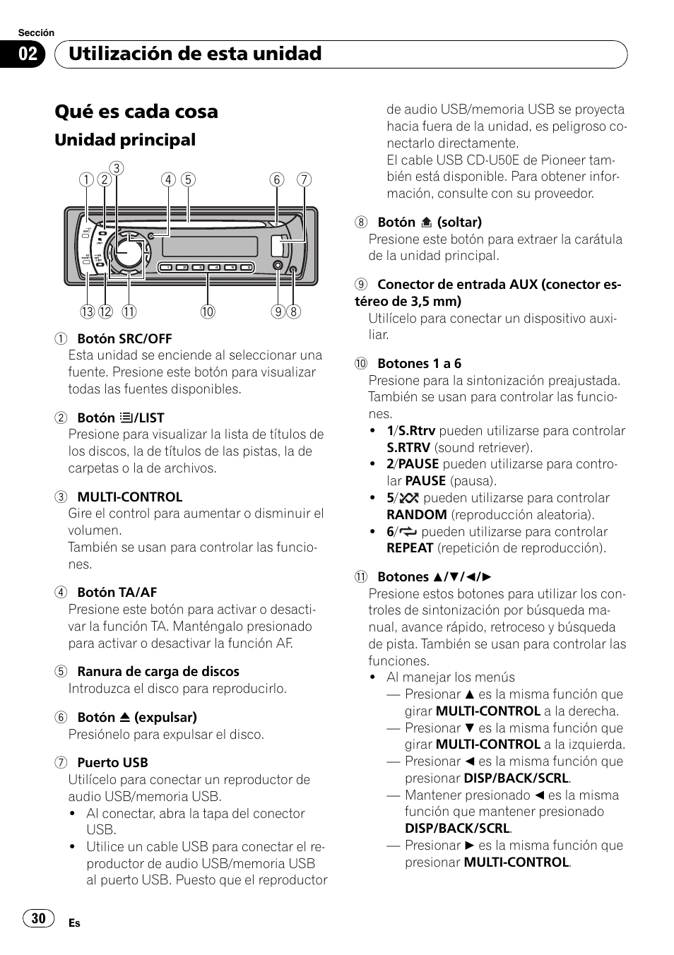 Utilización de esta unidad qué es cada cosa, Unidad principal 30, Qué es cada cosa | Utilización de esta unidad | Pioneer DEH-2100UB User Manual | Page 30 / 108