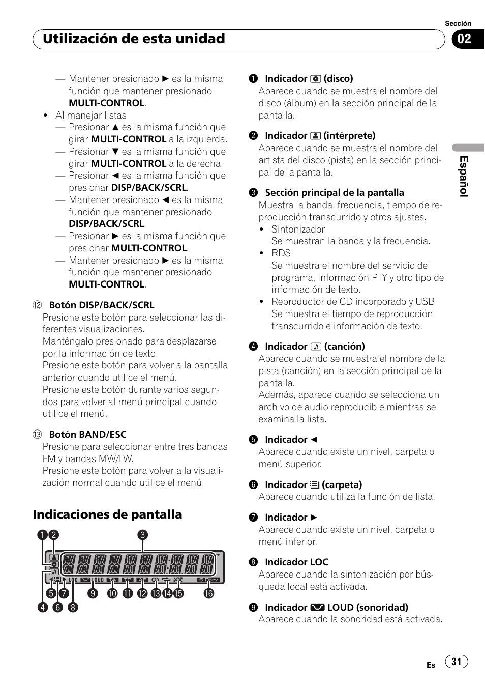 Indicaciones de pantalla 31, Utilización de esta unidad | Pioneer DEH-2100UB User Manual | Page 31 / 108