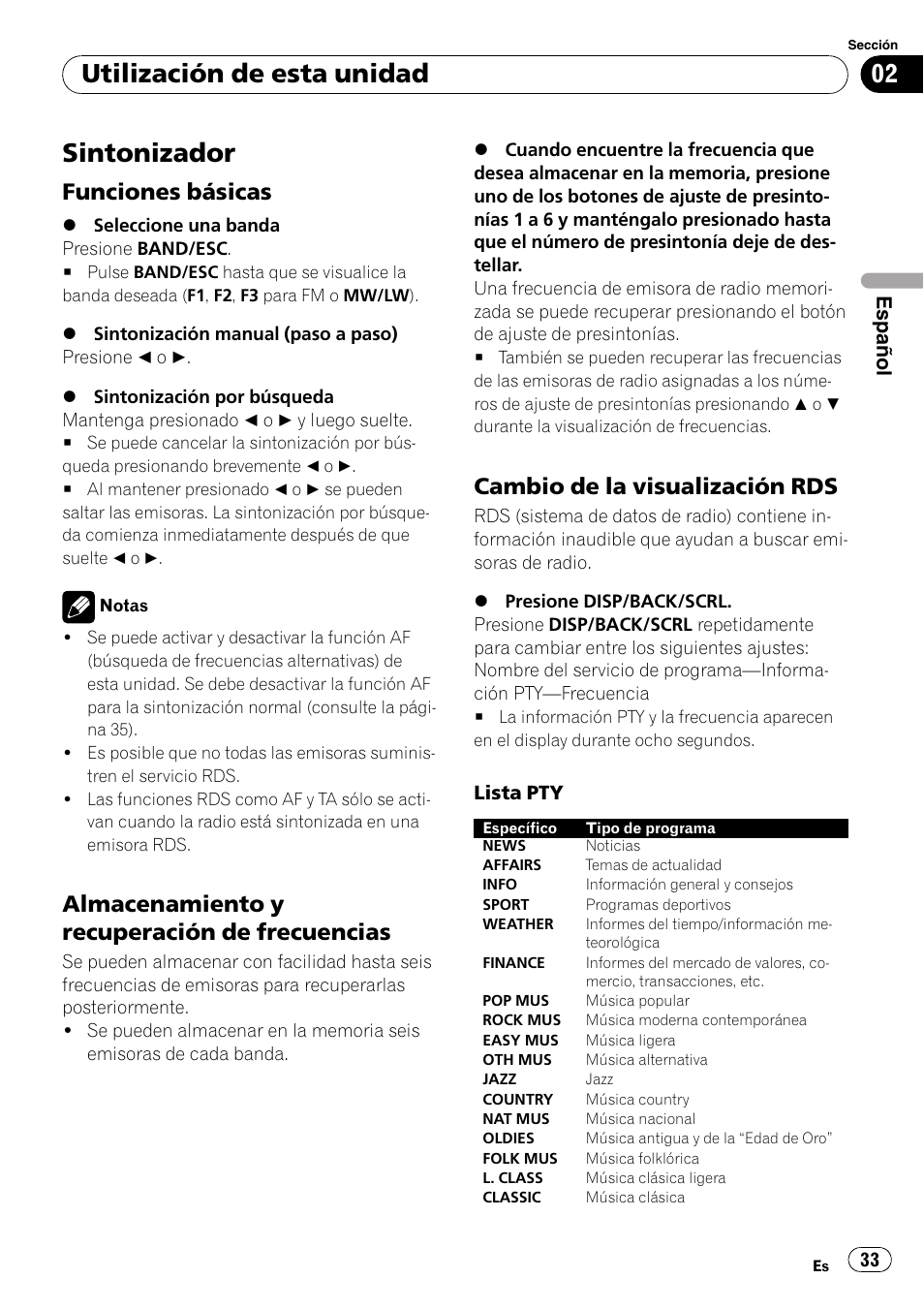 Sintonizador, Funciones básicas 33, Almacenamiento y recuperación de | Frecuencias, Cambio de la visualización rds 33, Utilización de esta unidad, Funciones básicas, Almacenamiento y recuperación de frecuencias, Cambio de la visualización rds, Español | Pioneer DEH-2100UB User Manual | Page 33 / 108