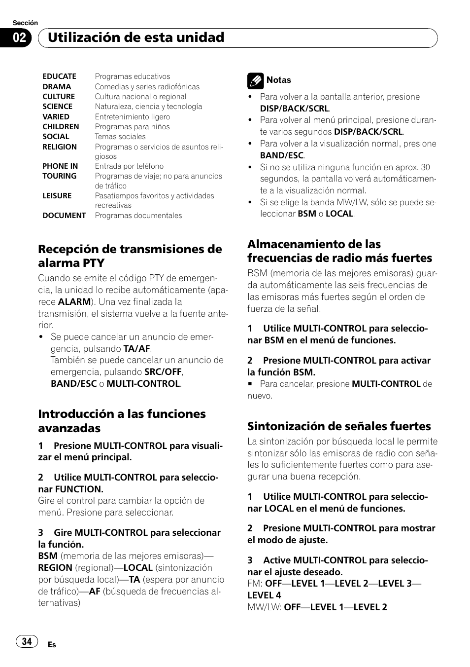 Recepción de transmisiones de alarma, Introducción a las funciones, Avanzadas | Almacenamiento de las frecuencias de, Radio más fuertes, Sintonización de señales fuertes 34, Utilización de esta unidad, Recepción de transmisiones de alarma pty, Introducción a las funciones avanzadas, Sintonización de señales fuertes | Pioneer DEH-2100UB User Manual | Page 34 / 108