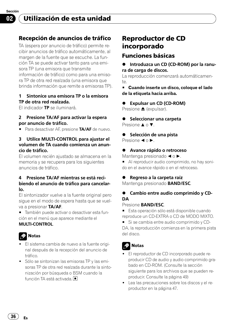 Recepción de anuncios de tráfico 36, Reproductor de cd incorporado, Funciones básicas 36 | Utilización de esta unidad, Recepción de anuncios de tráfico, Funciones básicas | Pioneer DEH-2100UB User Manual | Page 36 / 108